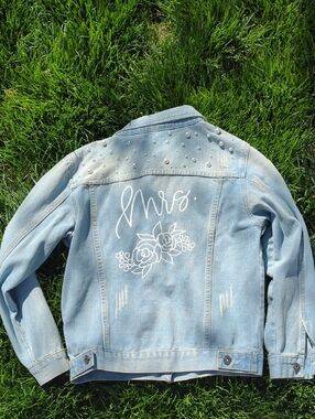 Light Blue Pearl-Embellished Denim Jacket with Floral Mrs. Graphic